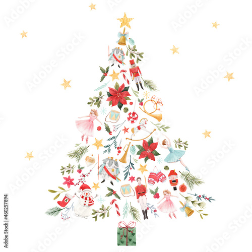 Fototapeta Beautiful christmas abstract fir tree with gifts hand drawn watercolor stock illustration
