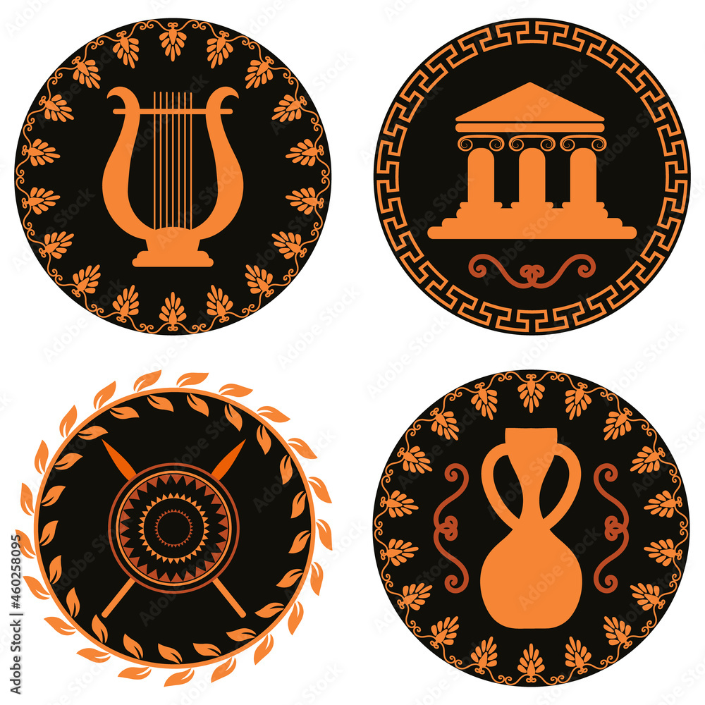 Set of ancient logos with temple, amphora, shield and spears, lira. The ...