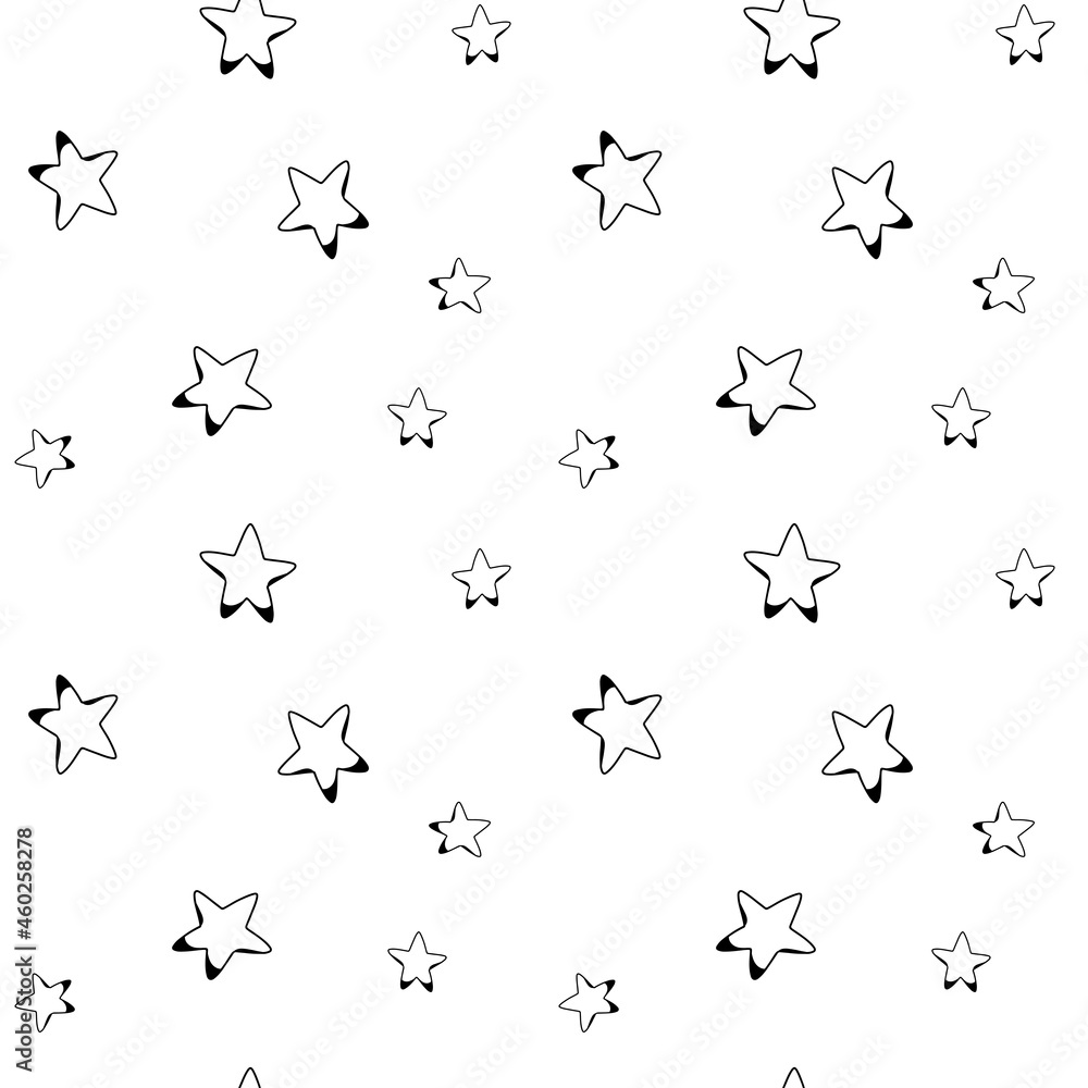 Naklejka premium Seamless pattern with simple black and white stars in hand drawn style. Vector endless texture