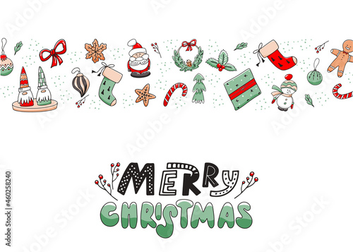 Christmas horizontal background with doodles and lettering. Merry Christmas inscription. Vector illustration with hand drawn elements