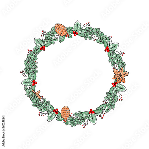 Christmas wreath made of plant doodle elements isolated on white background. Vector round frame for festive New Year design