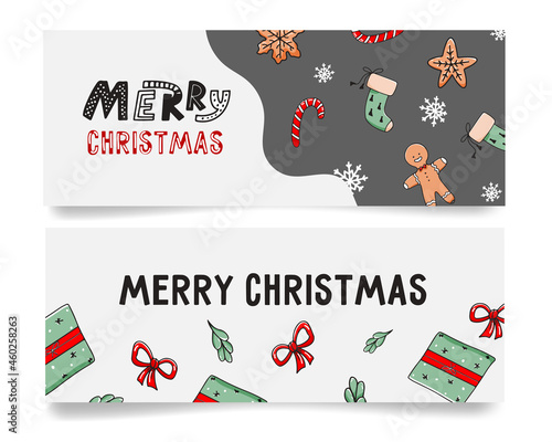 Set of Christmas horizontal web banners with hand drawn candy,sweets, gifts and lettering. Vector illustration