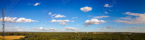 Top view of green fields, forest and cloudy blue sky in summer. Landscape with drone. Nature concept.