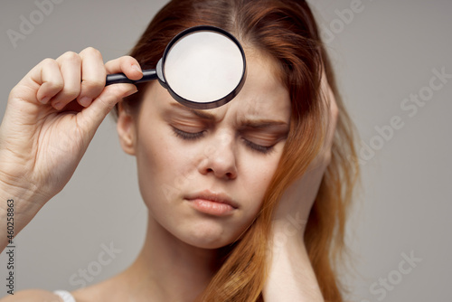 beautiful woman facial skin problems dermatology light background