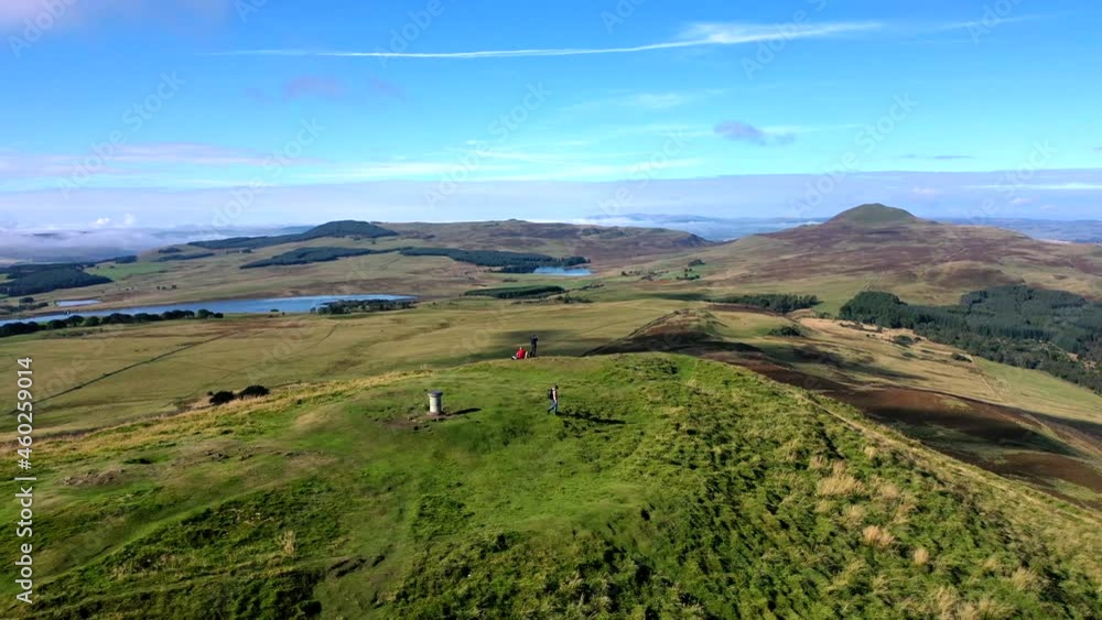 Scottish Hilltop Viewpoint in Blue Sky and Sunshine Drone panorama shot Scottish Hilltop Viewpoint in Blue Sky and Sunshine Drone panorama shot