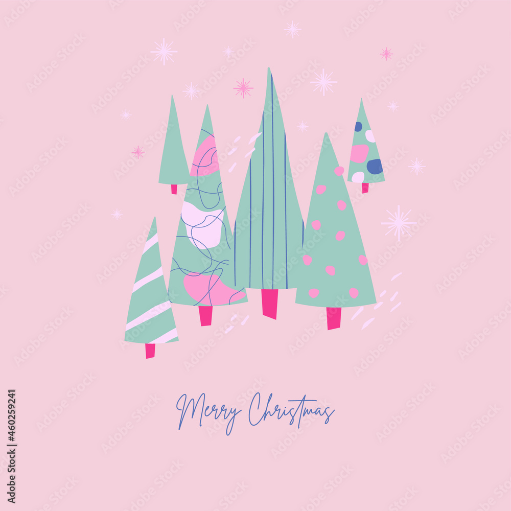 Merry Christmas and Happy New Year! Vector trendy abstract illustrations of holiday card with forest, lettering, christmas tree, pine and snowflakes. Drawing for poster or pattern. Merry Christmas and Happy New Year! Vector trendy abstract illustrations of holiday card with forest, lettering, christmas tree, pine and snowflakes. Drawing for poster or pattern.