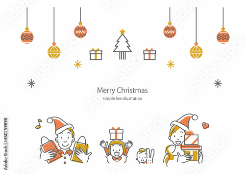 クリスマスショッピングを楽しむ家族のシンプルでお洒落な線画フレーム