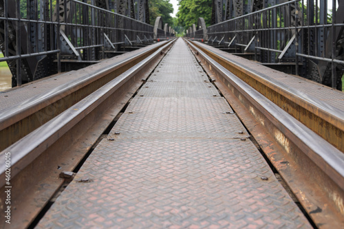 An old steel structure railway used to travel across the River Kwai is a tourist attraction in Kanchanaburi, Thailand