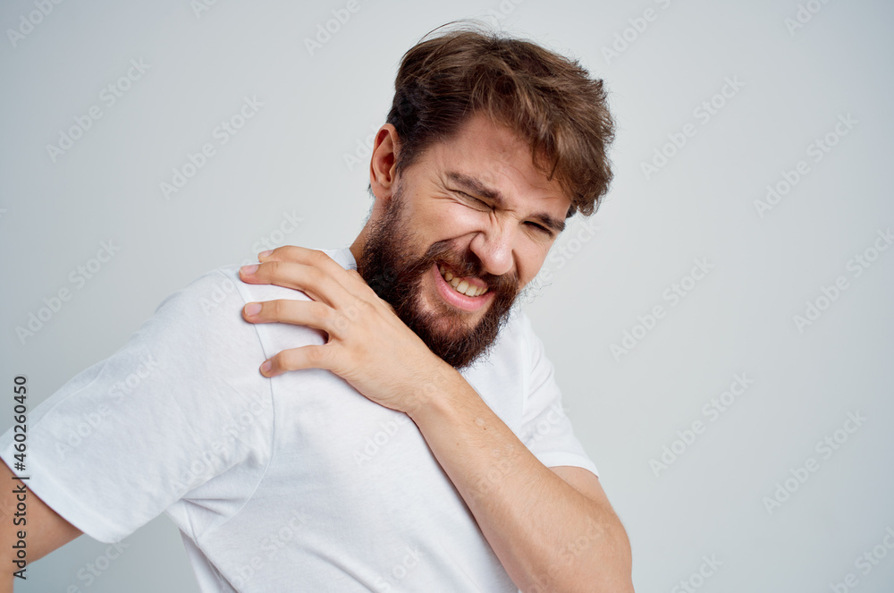 bearded man pain in the neck health problems massage therapy isolated background