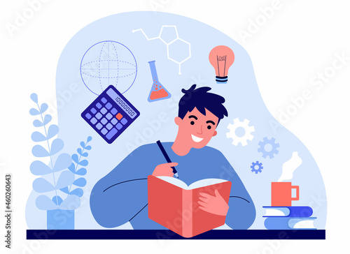 Male student studying science from book. Man learning experiments in chemistry, formulas flat vector illustration. School, university education concept for banner, website design or landing web page