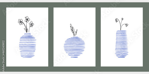 A set of three abstract minimalistic aesthetic floral illustrations. Colorful silhouettes of plants on a light background. Modern vector pop art posters for social networks, web design, interiors. 