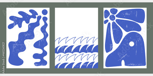 Creative aesthetic posters in minimalist vintage style. Vertical A4 illustrations for social media, web design, covers. A set of three abstract backgrounds with waves, sun, abstract shapes, lines.