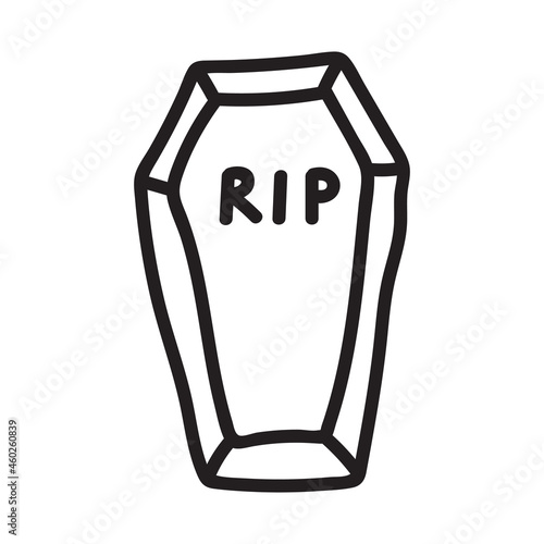 Hand drawn coffin icon in doodle style. Vector illustration isolated on white background.