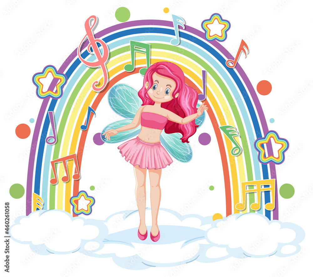 Beautiful fairy standing on a cloud with rainbow