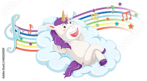 Cute unicorn standing on the cloud with melody symbols on rainbow