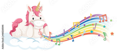 Cute unicorn laying on the cloud with melody symbols on rainbow