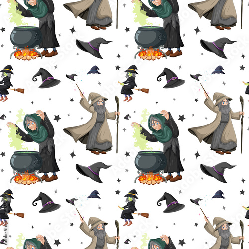 Seamless pattern with witches and elements