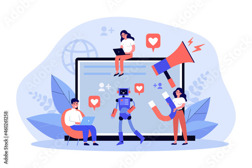 Team of marketers creating viral social media content. Tiny people holding megaphone and magnet, working together online. Digital marketing concept for banner, website design or landing web page