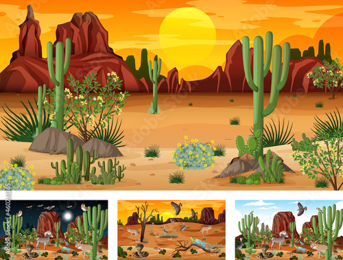 Different scenes with desert forest landscape with animals and plants
