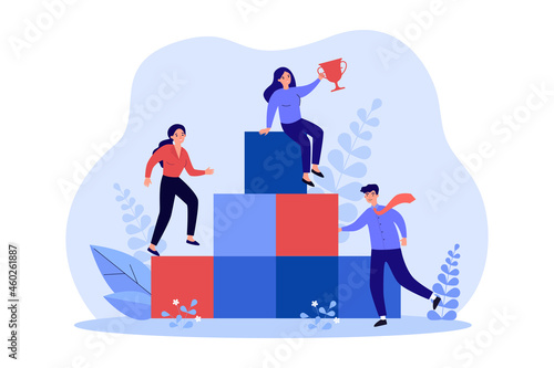 Business people climbing career ladder for award. Businessman character standing at podium, woman leader holding prize at top of stairs flat vector illustration. Success of corporate strategy concept