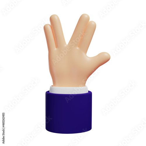 Photo 3d hand shows gesture Vulcan salute, hello gesture, isolated illustration on whi