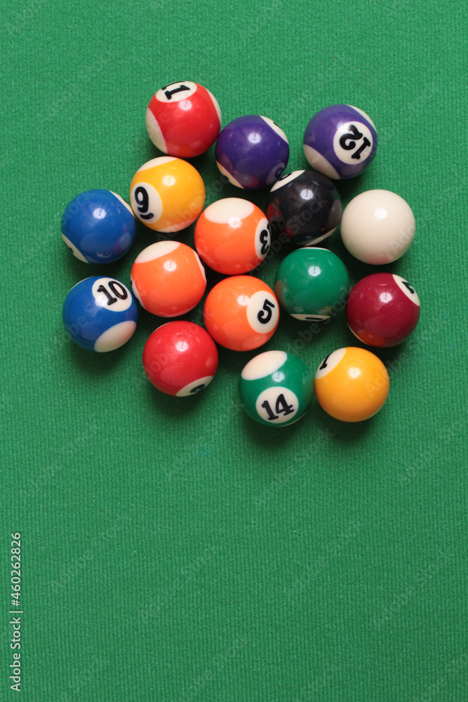 Billiard balls on green table with numbers Billiard balls on green table with numbers