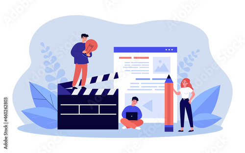 Tiny people making video, photo blog content. Man standing on clapperboard, woman with pencil flat vector illustration. Blogging in social media concept for banner, website design or landing web page