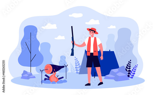 Summer adventure of hunter in hunting forest camp. Man holding gun, cooking food on fire flat vector illustration. Outdoor extreme hunting sport concept for banner, website design or landing web page