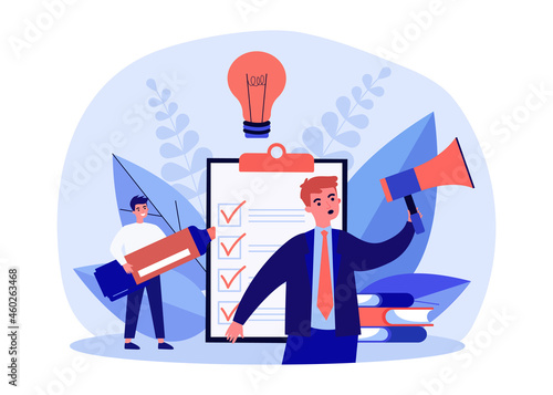Tiny business people working with checklist. Businessman with megaphone announcing agenda list flat vector illustration. Business reminder concept for banner, website design or landing web page