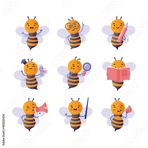 Back to school set with cute cartoon bee. Vector illustration of smart bee students in graduation cap or glasses studying with book and pencil, insect teacher with pointer. Education, animal concept