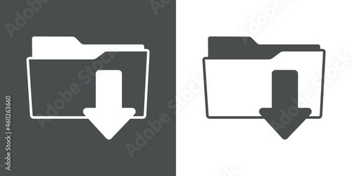 Símbolo descargar. Icono plano con silueta de carpeta con flecha hacia abajo con lineas en fondo gris y fondo blanco	