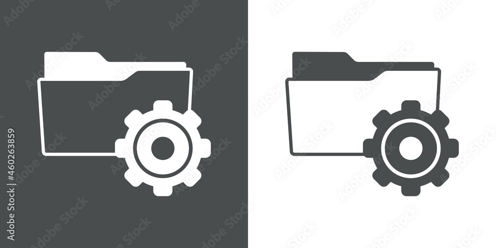 Símbolo configuración. Icono plano silueta de carpeta con engranaje en fondo gris y fondo blanco	