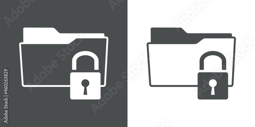 Símbolo almacenamiento de datos seguro. Icono plano silueta de carpeta con candado en fondo gris y fondo blanco