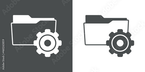 Símbolo configuración. Icono plano silueta de carpeta con engranaje en fondo gris y fondo blanco	