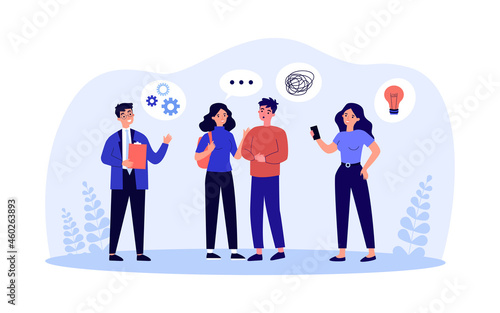 Team of business people on brainstorm meeting. Group of office workers discussing ideas, brainstorming together in chat. Teamwork communication concept for banner, website design or landing web page