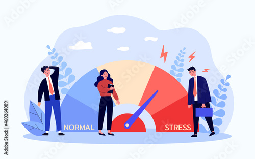 Stress meter measuring level of burnout for employees. Tiny tired business people in crisis flat vector illustration. Overload stressful emotions concept for banner, website design or landing web page