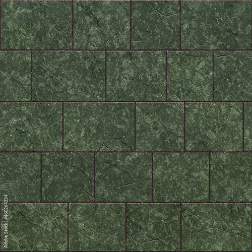 Tiles made of green porphyry marble. Close-up of a green porphyry stone floor with dark and light spots. A wall of square tiles of different sizes. 3D-rendering.