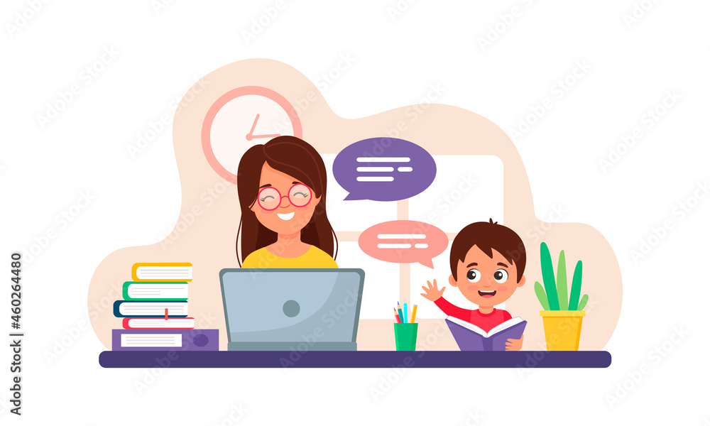 Teacher and boy studying. Concept illustration for school, education. Vector illustration in flat style