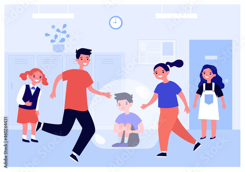 Children students bullying sad boy at school. Unhappy schoolboy sitting on floor flat vector illustration. Violence, conflict between classmates concept for banner, website design or landing web page