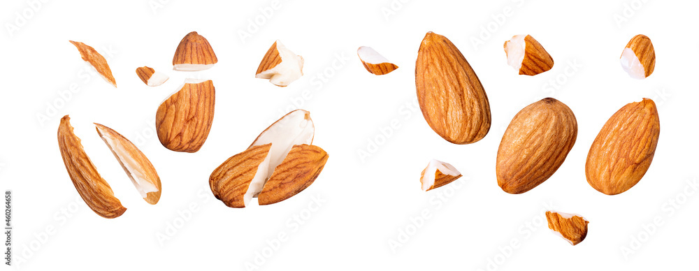 almond piece , almond fly on white, blast healthy food, food on white clipping path , marco stack image almond piece , almond fly on white, blast healthy food, food on white clipping path , marco stack image