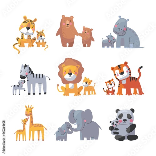 Animal mom and baby, cute cartoon family set. Vector illustration of animal happy parent and small child, funny wild elephant giraffe rhino tiger bear zebra lion leopard panda. Motherhood concept