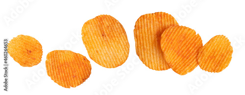 food chips,potato slice,barbecue flavour , spicy flavour chips piece potato fly on white isolated ,snack chips,food potato on white clipping path,marco stack image