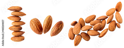 Fotografia almond piece , almond fly on white, blast healthy food, food on white clipping p