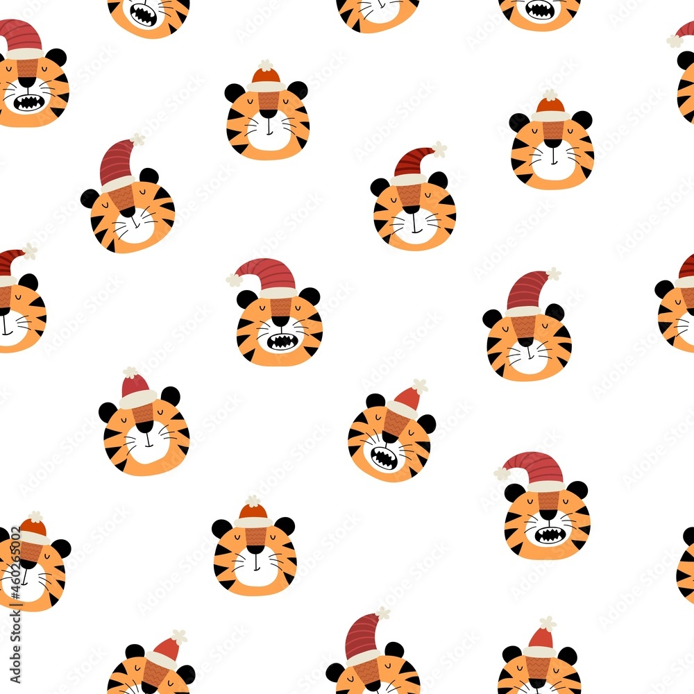 Fototapeta premium holiday seamless pattern with tiger. Merry Christmas. Colorful vector, flat style. design for fabric, print, wrapper