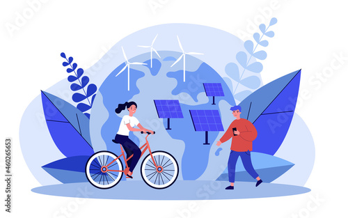 People using eco technology. Girl on bicycle, man standing near solar panels and wind turbines flat vector illustration. Renewable technology concept for banner, website design or landing web page