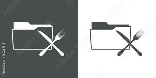 Icono plano con silueta de carpeta con tenedor y cuchillos cruzados en fondo gris y fondo blanco
