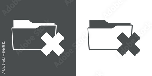 Símbolo error o eliminación. Icono plano silueta de carpeta con aspa en fondo gris y fondo blanco