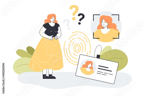 Personal identity for digital data security of female character. Abstract ID card badge for office employee, facial recognition, fingerprint flat vector illustration. Safety identification concept