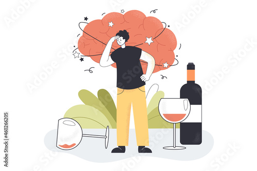 Alcohol hangover of drunk man with strong migraine, headache. Addicted character standing among wine glasses, bottle, dizzy sick brain flat vector illustration. Problem of alcohol addiction concept