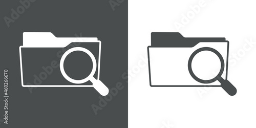 Símbolo buscar. Icono plano con silueta de carpeta con lupa en fondo gris y fondo blanco